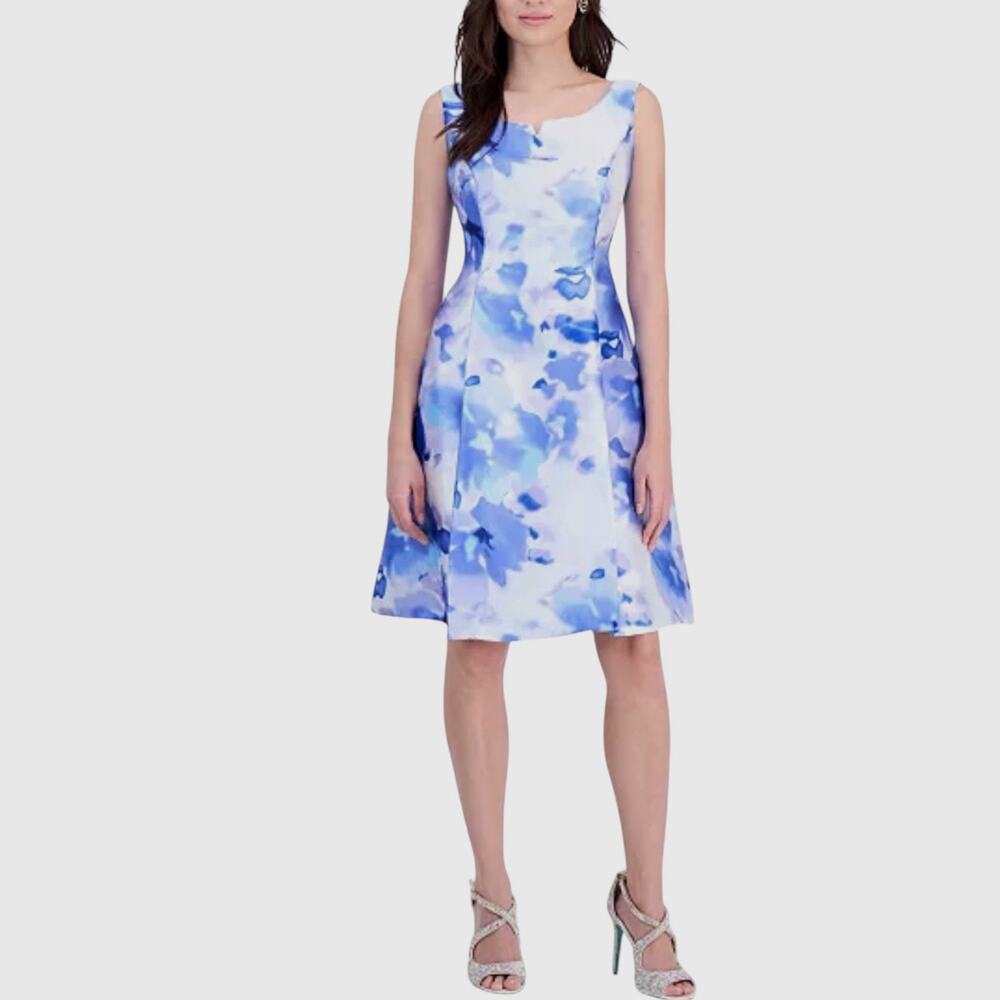 Connected Blue Cocktail Dress Pockets Watercolor Floral Sleeveless Office NWT 12 - Picture 1 of 11